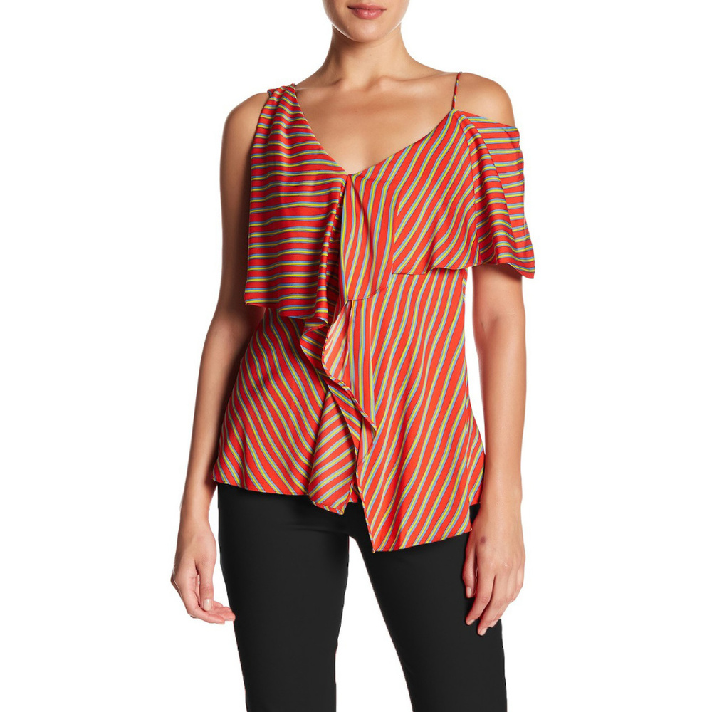 DVF Bodin Stripe Silk Ruffle Asymmetrical Top